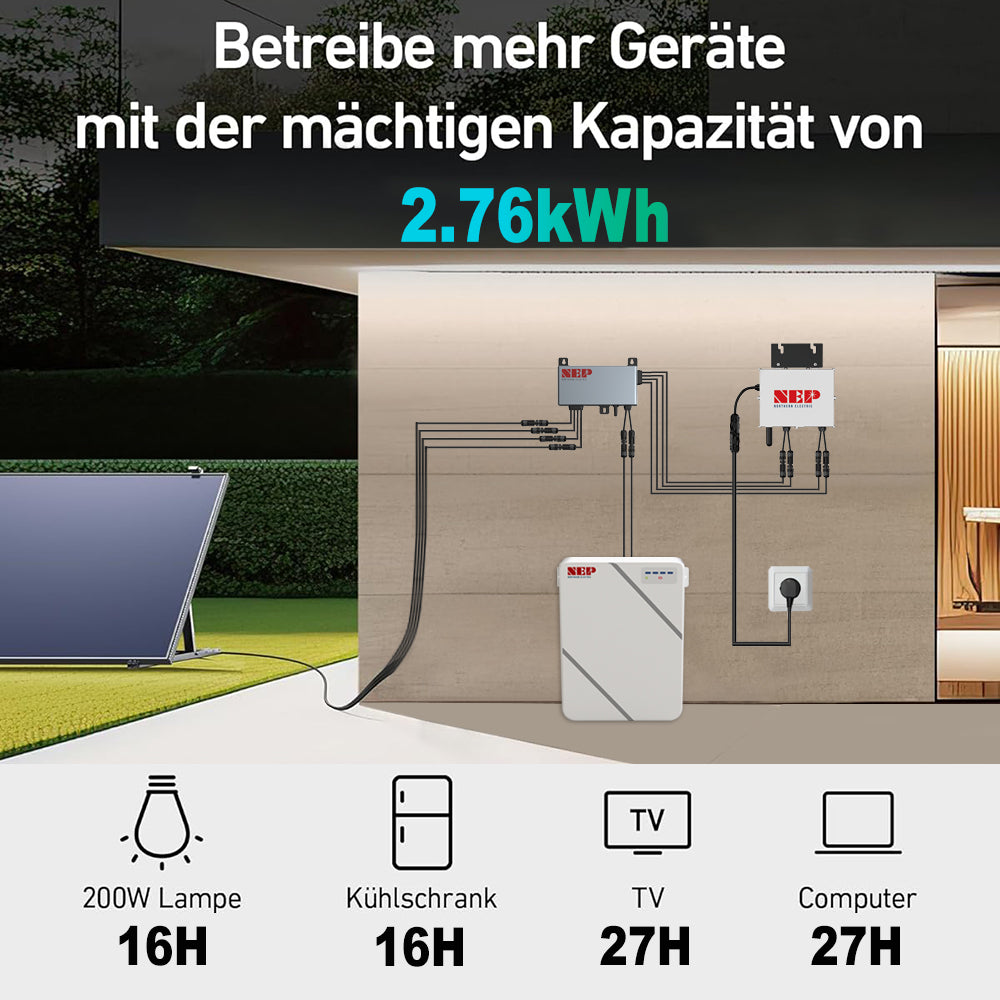 NEP BDM 800W Mikro Wechselrichter 5m Netzkabel VDE + 2.76KWH NEP Solarstromspeicher VDE