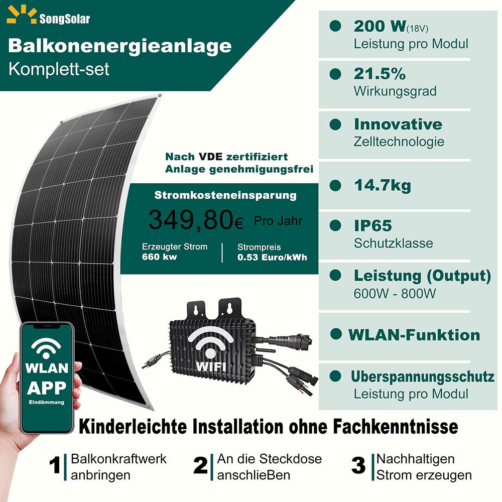 Balcony power station  GT-800W Network-bound systems VDE 4×200W flexible solar modules